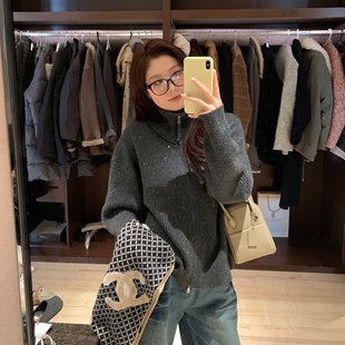 立领宽松休闲针织开衫 星星眼亮片双头链开衫 00PM