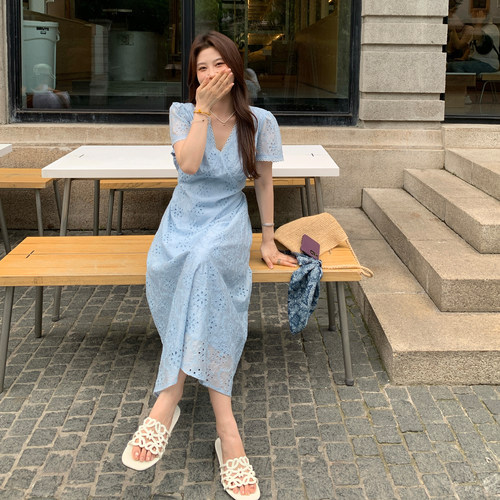 NAZ那子大码夏季天丝刺绣重工胖妹妹收腰显瘦蕾丝镂空气质连衣裙