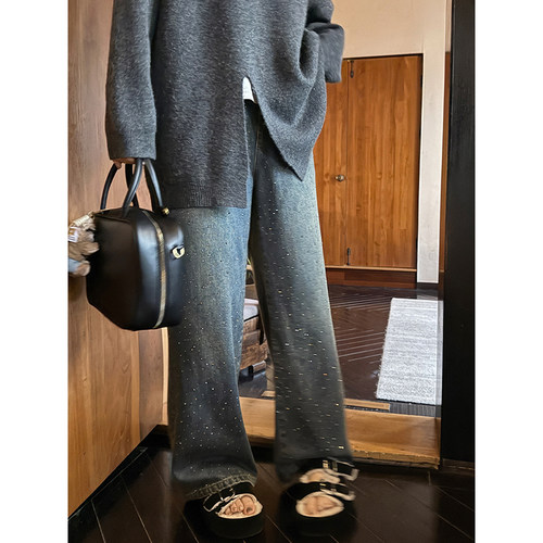 NAZ那子大码秋冬新款高腰满天星高温烫钻直筒胖mm阔腿磨毛牛仔裤