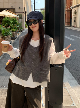 NAZ那子大码秋季精梳棉感拼接白色衬衫磨毛马甲胖mm时尚气质套装