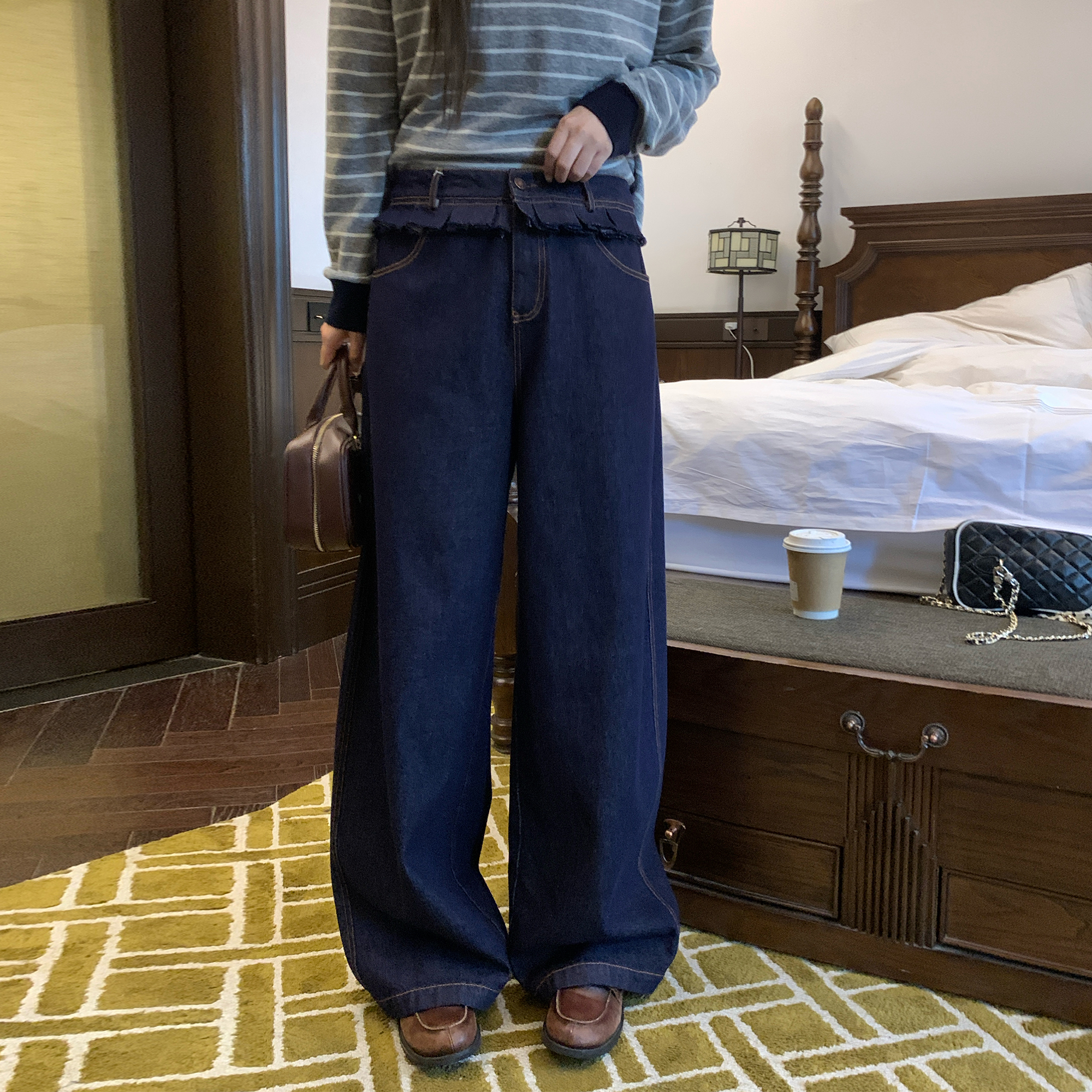 NAZ那子大码秋冬棉感水洗气质系带宽松阔腿牛仔裤胖mm复古直筒裤