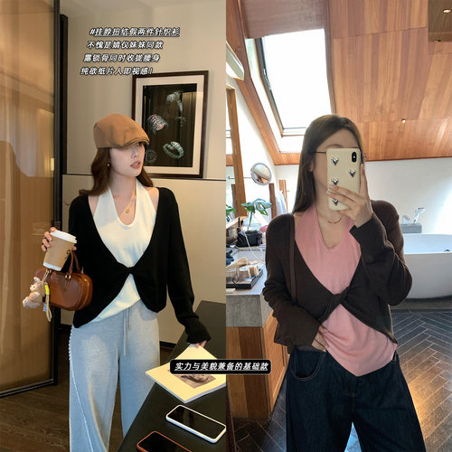 NAZ那子大码秋季45支羊毛挂脖扭结上衣胖mmV领打褶假两件针织衫女