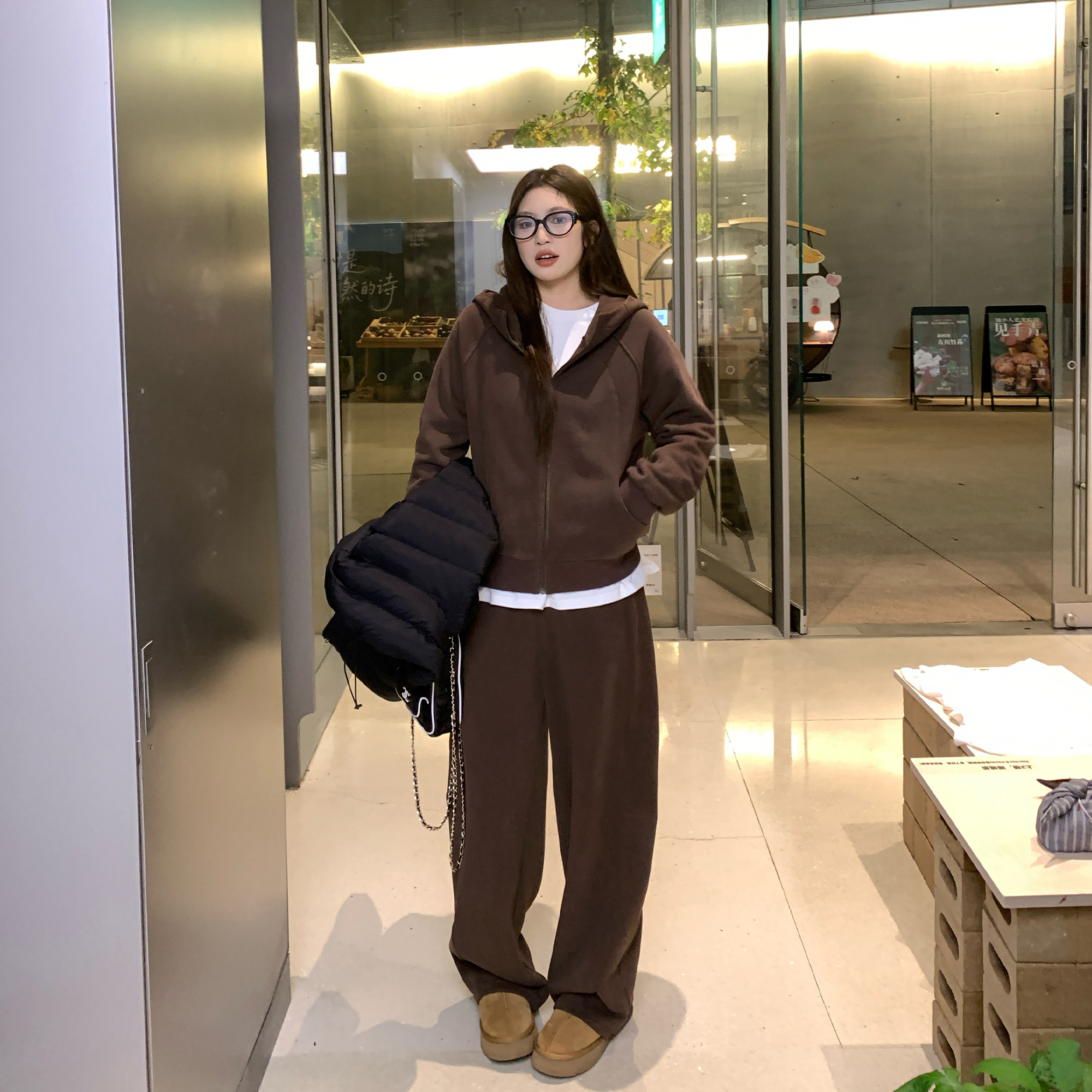 NAZ那子大码冬季修身收腰卫衣胖mm时尚休闲慵懒风长裤加绒套装女