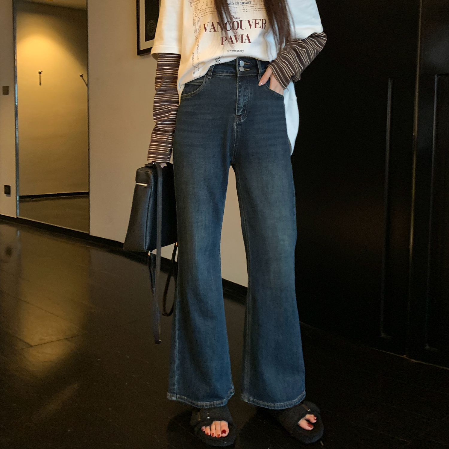 NAZ那子大码秋冬复古高腰修身微喇牛仔裤胖mm设计气质显瘦直筒裤