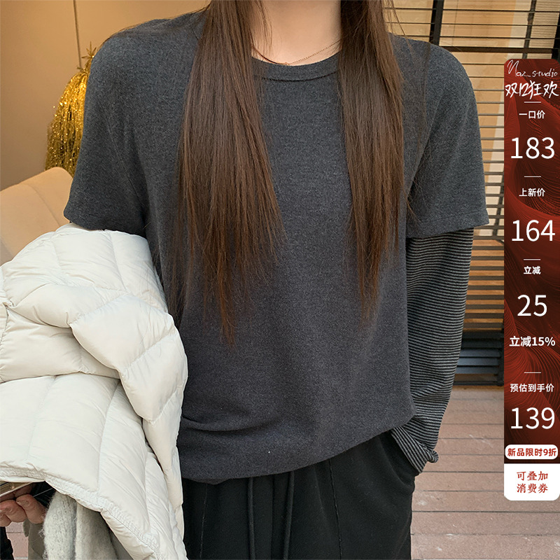 12/08【139】【加厚绒条纹拼袖假两件t】韩系休闲气质体恤39