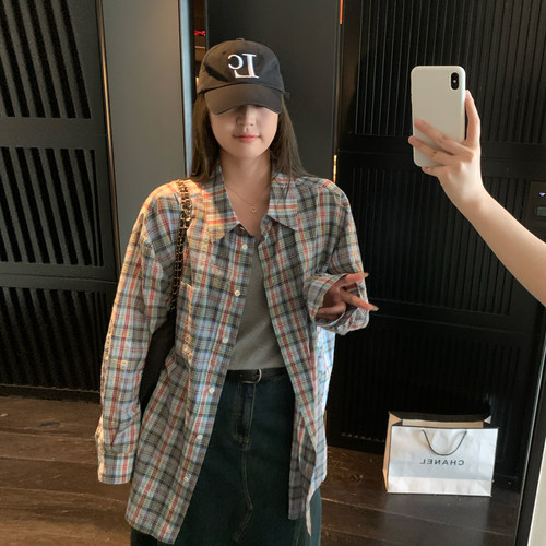 NAZ那子大码秋季100棉趣味撞色格子拼接衬衫胖mm长袖休闲宽松上衣