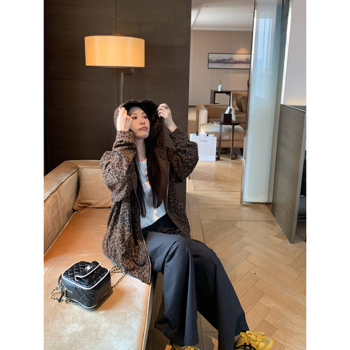 NAZ那子大码秋季复古豹纹华夫格连帽卫衣胖妹妹气质减龄慵懒外套