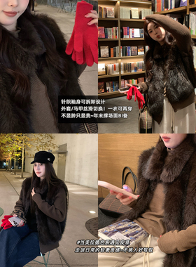 NAZ那子大码冬季人造金狐绒针织拼接可拆卸袖子胖mm环保皮草外套