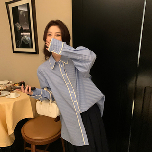 女 NAZ那子大码 春季 新款 花边撞色设计感气质百搭胖mm宽松条纹衬衫