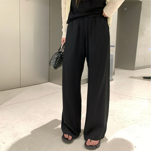 NAZ那子大码100醋酸凉凉裤胖mm黑色复古显瘦直筒松紧腰夏季阔腿裤