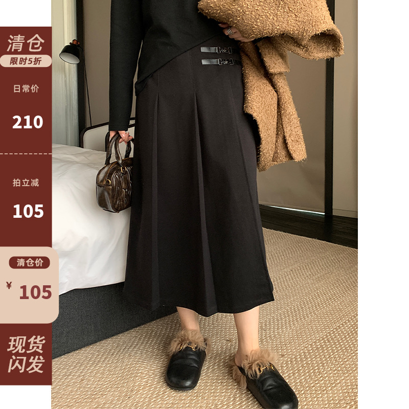 皮扣短裤裙中长款裙子