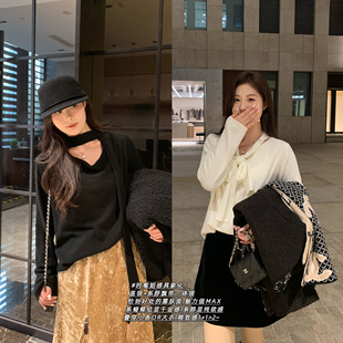 混纺针织打底衫 45支羊毛飘带荡领针织 上新九折