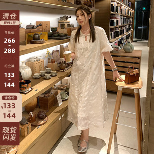 清仓 夏季 NAZ那子大码 连衣裙 新款 提花刺绣流苏盘扣胖mm泡泡袖