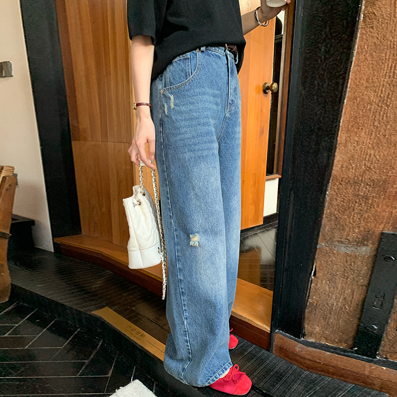 NAZ那子大码秋季新款大版复古水洗阔腿牛仔裤胖mm慵懒破洞直筒裤