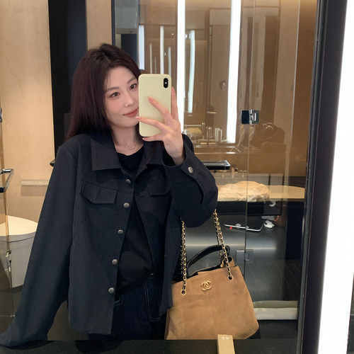 NAZ那子大码秋季高密斜纹棉休闲短款胖mm黑色时尚百搭女夹克外套