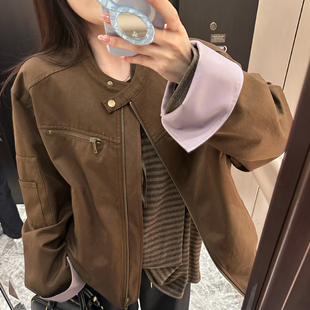机车短夹克胖mm时尚 斜纹棉锦PU皮翻袖 复古外套女 秋季 NAZ那子大码