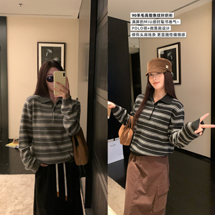 百搭翻领显瘦针织衫 时尚 90羊毛高智条纹针织衫