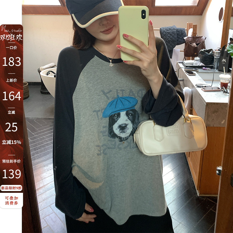 12/08【139】【加厚贝雷帽狗狗插肩t】棉氨韩系可爱印花插肩T恤43
