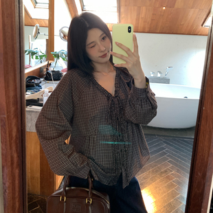 NAZ那子大码 休闲上衣 早秋精梳棉格纹重工荷叶边宽松衬衣胖mm时尚