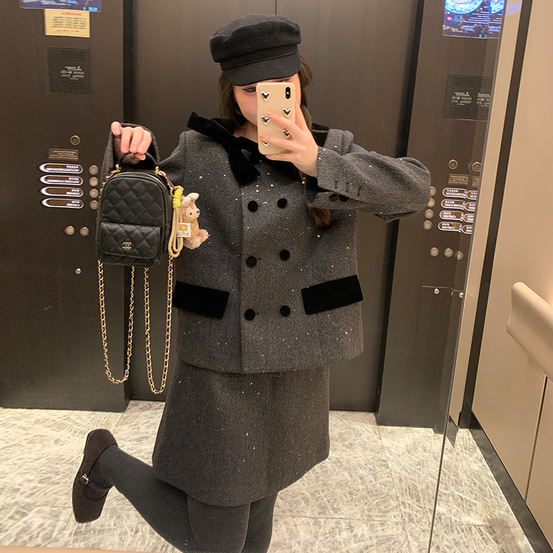 NAZ那子大码冬季韩版小香千金风翻领毛呢外套半裙胖mm洋气套装