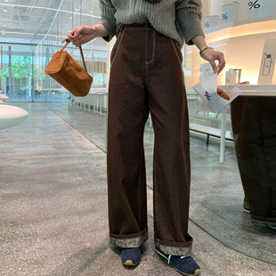 胖mm气质百搭直筒裤 复古怀旧撞色水洗牛仔裤 秋冬美式 NAZ那子大码