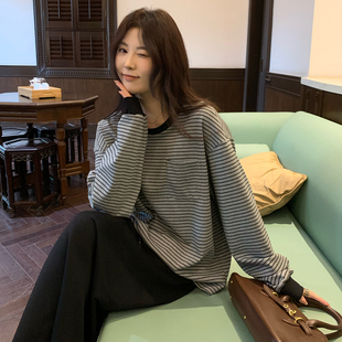 NAZ那子大码 T恤胖mm气质慵懒风宽松上衣 秋冬棉氨混纺舒适条纹长袖
