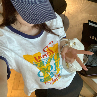 NAZ那子大码 减龄气质上衣 竹节棉时髦趣味印花撞色T恤胖mm短袖 夏季