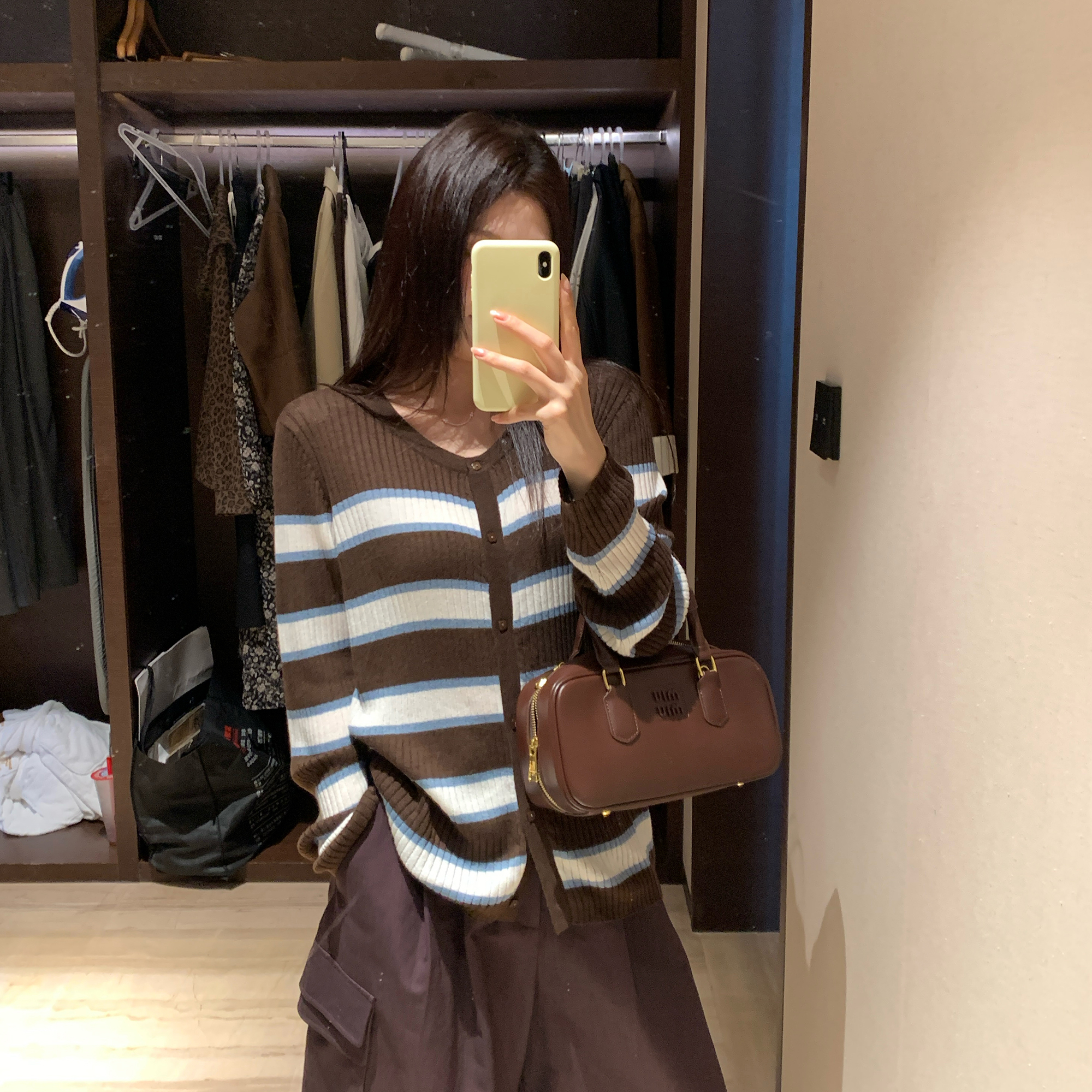 NAZ那子大码经典撞色条纹开衫外套胖mm设计感韩系洋气针织上衣秋