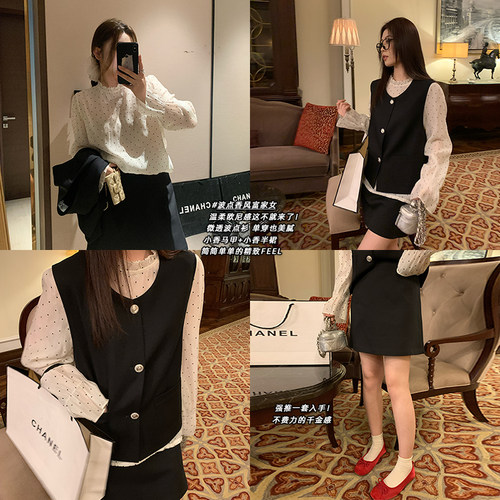 NAZ那子大码秋装新款天丝波点衬衫西装马甲半裙胖mm洋气显瘦套装