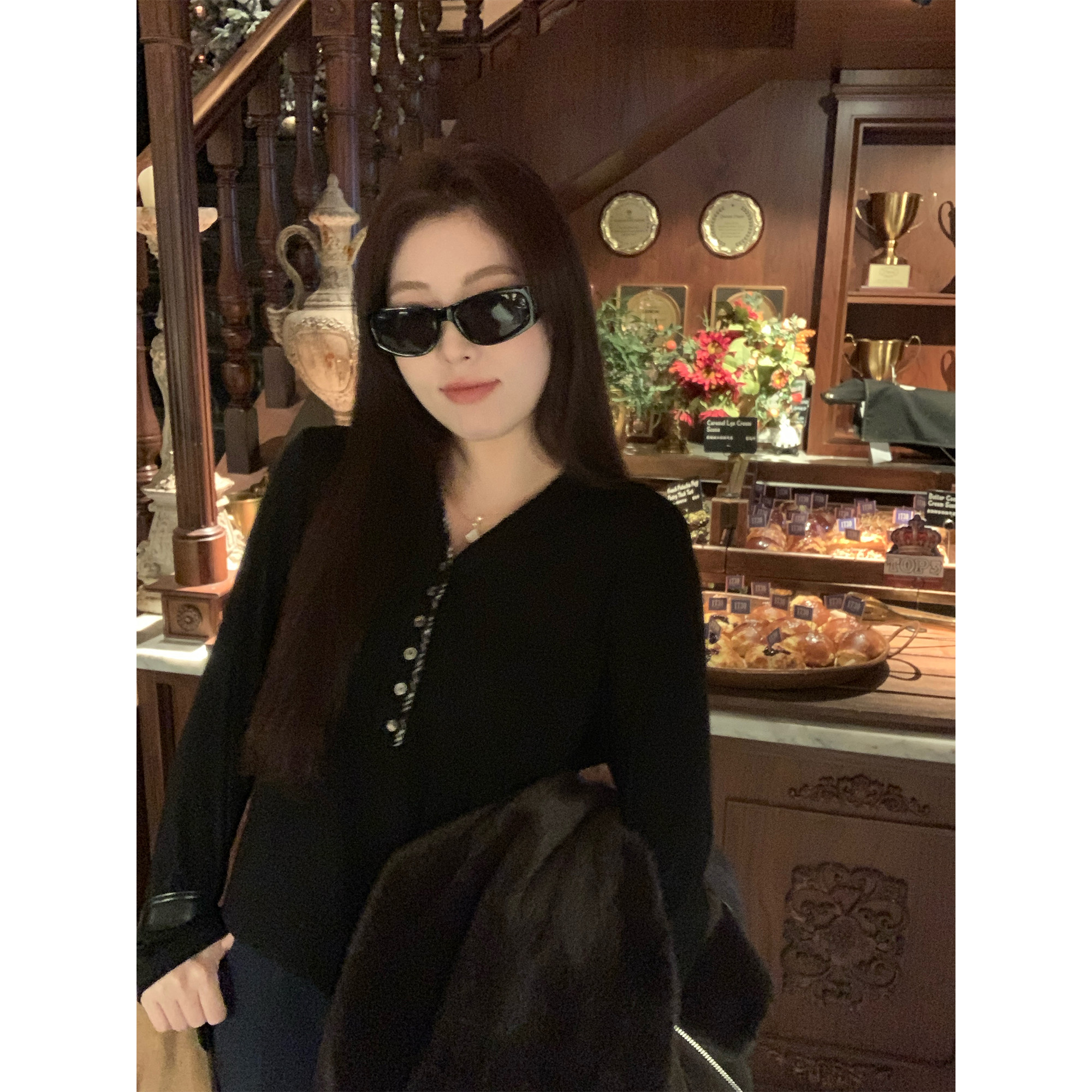 NAZ那子大码冬慕斯羊绒V领格纹拼接复古百搭打底衫胖mm气质针织衫