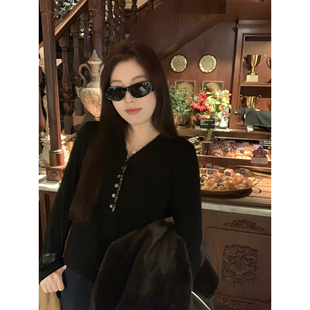 胖mm气质针织衫 NAZ那子大码 冬慕斯羊绒V领格纹拼接复古百搭打底衫