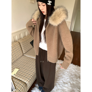 外搭开衫 NAZ那子大码 秋冬可拆定染毛领连帽显瘦毛衣胖mm气质时尚