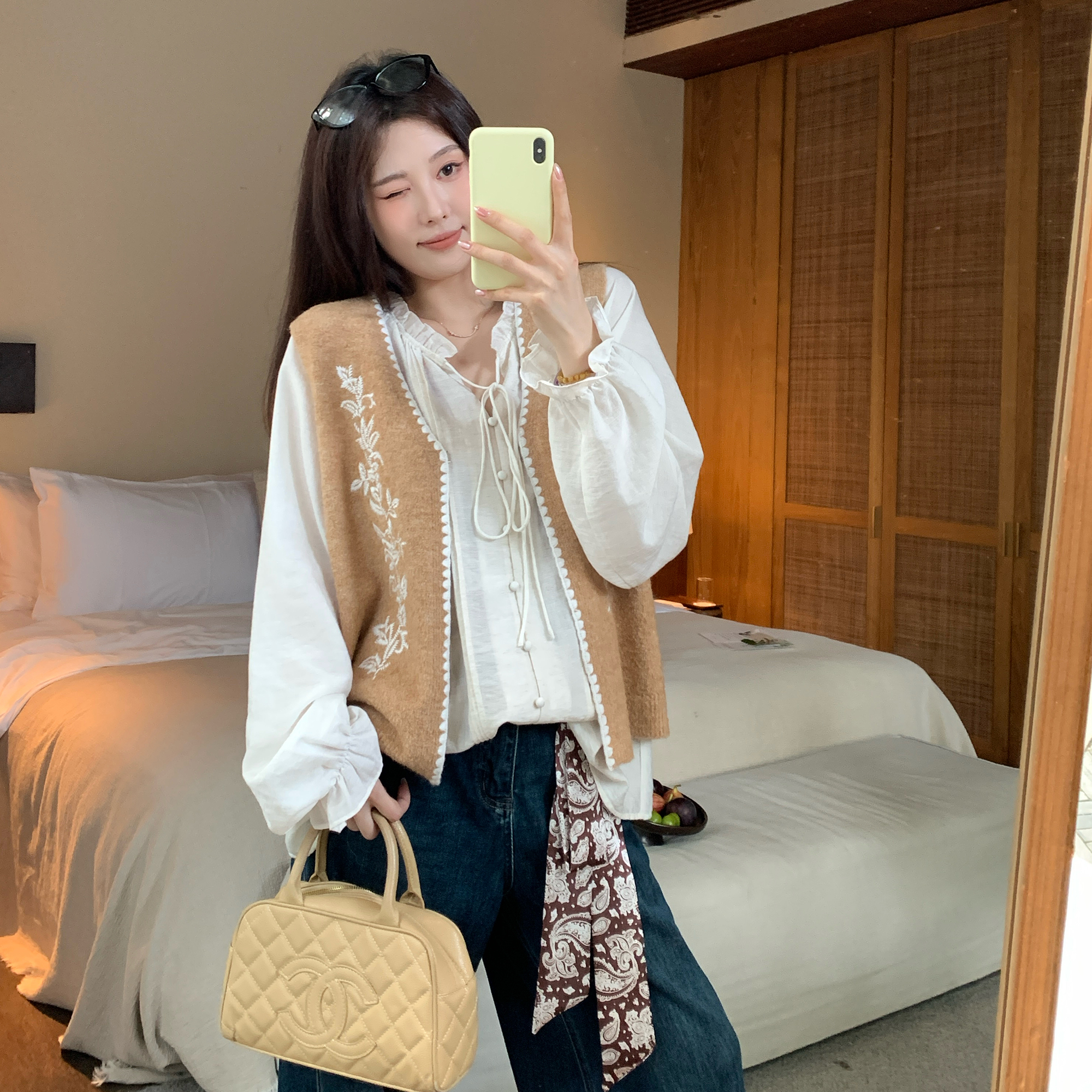 NAZ那子大码秋装亚麻锦百搭荷叶边系带时尚衬衣胖mm设计感上衣女