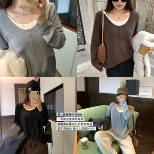 NAZ那子大码 胖mm气质显瘦宽松上衣 秋冬45支羊毛双U弧假两件针织衫