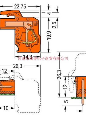 WAGO万可插头弯角焊针间距5.08MM橙色2极232-302/026-000