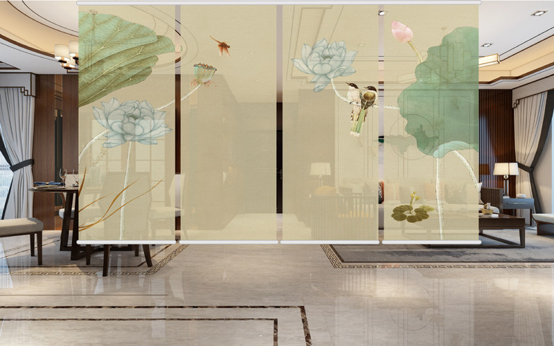 定制中式门帘茶室隔断卷帘半透遮阳帘禅意中国风荷花珠链窗帘