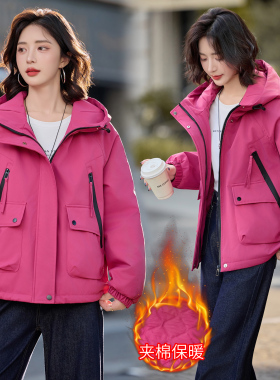 夹棉加绒短款冲锋衣外套女冬新款小个子派克服外套时尚棉衣加厚