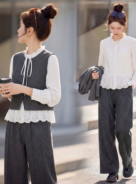 英特尔三件套女2026春季蝴蝶结纽扣蕾丝花边圆领休闲套装衬衫长袖