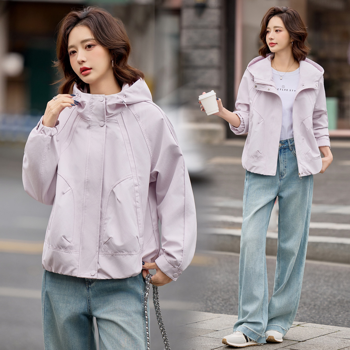 休闲风连帽短外套女2026春装新款宽松百搭小个子减龄夹克户外爬山