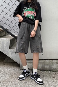 B2283-P58 抽绳束腿五分牛仔裤男夏季宽松破洞水洗短裤男女潮图片