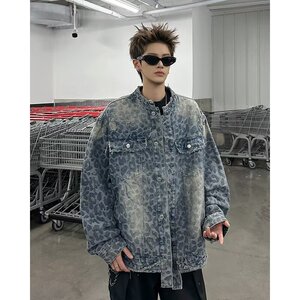 QZNZA03-P78 水洗豹纹拼接工装牛仔外套设计宽松休闲嘻哈翻领夹克图片