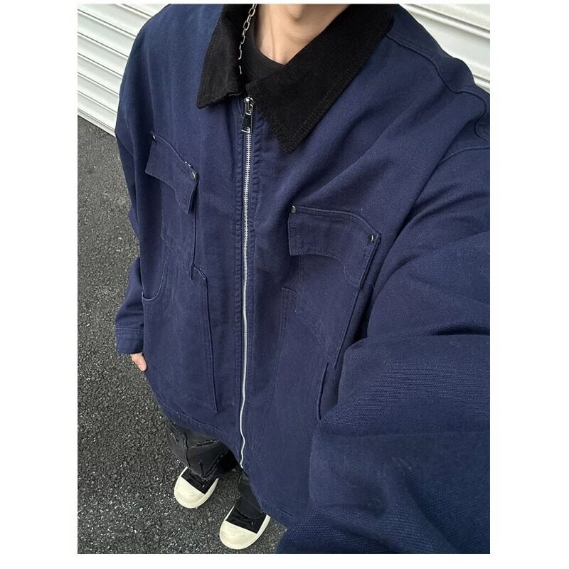 JX3569-P95 春季新款翻领外穿拉链藏蓝色底特律工装夹克外套图片