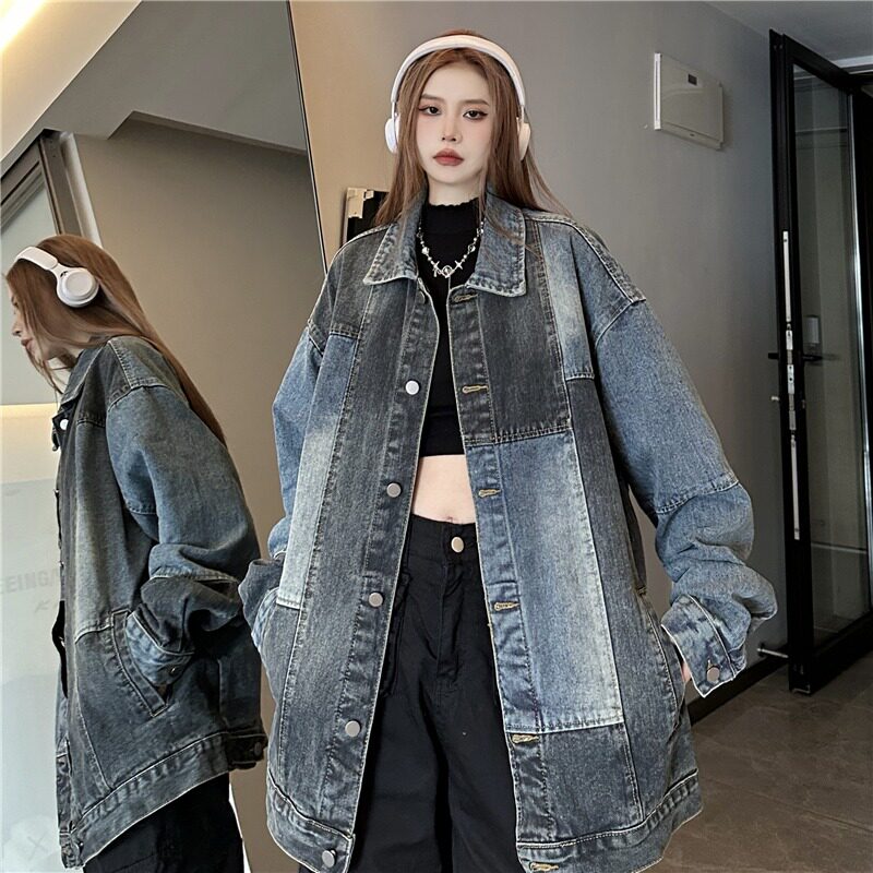 B2023-P80 美式复古男女拼接设计感牛仔外套潮牌翻领休闲夹克图片
