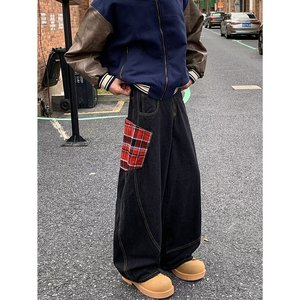 GJNZ7693-P53 新款美式青少年弯刀牛仔裤宽松直筒阔腿裤图片