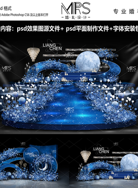 MRS深蓝色星空婚礼效果图 HJ144 星空主题婚礼设计迎宾舞台背景