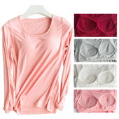 T恤女上衣纯色棉质文胸罩杯一体莫代尔打底衫 带胸垫睡衣上装 长袖