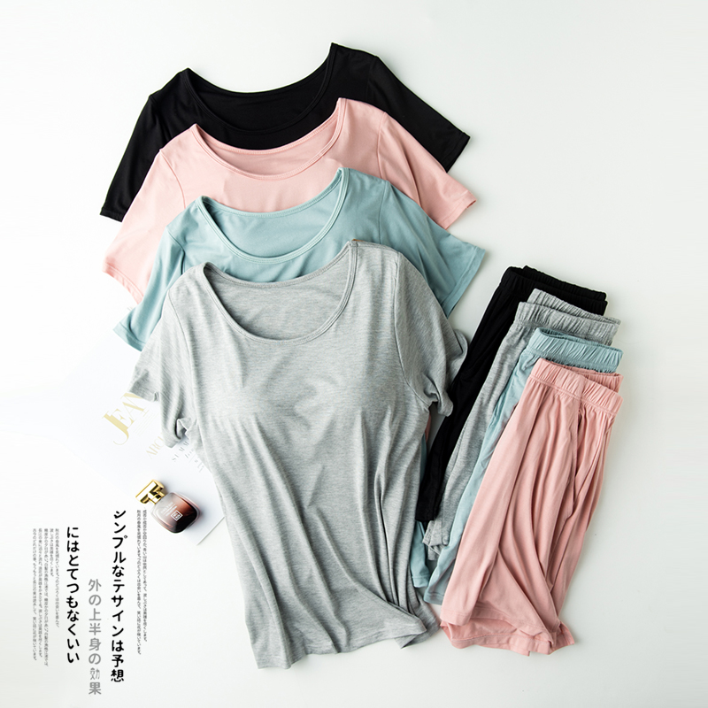 夏天莫代尔带胸垫短袖短裤套装女免穿文胸运动宽松大码睡衣家居服