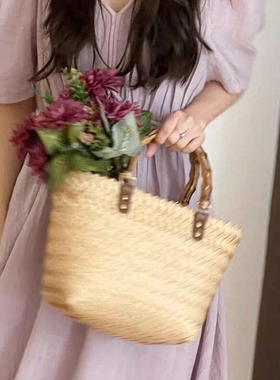 美式田园草编包复古百搭藤编手提包竹节把手菜篮子包纯手工编织包