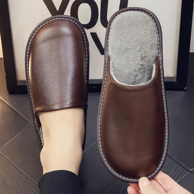 秋冬季牛皮面家居棉拖鞋男女室内居家用防滑防臭真皮加绒2025新款