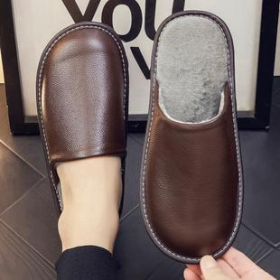 秋冬季家居拖鞋男女室内情侣居家防滑防臭真皮面防水加绒保暖棉拖